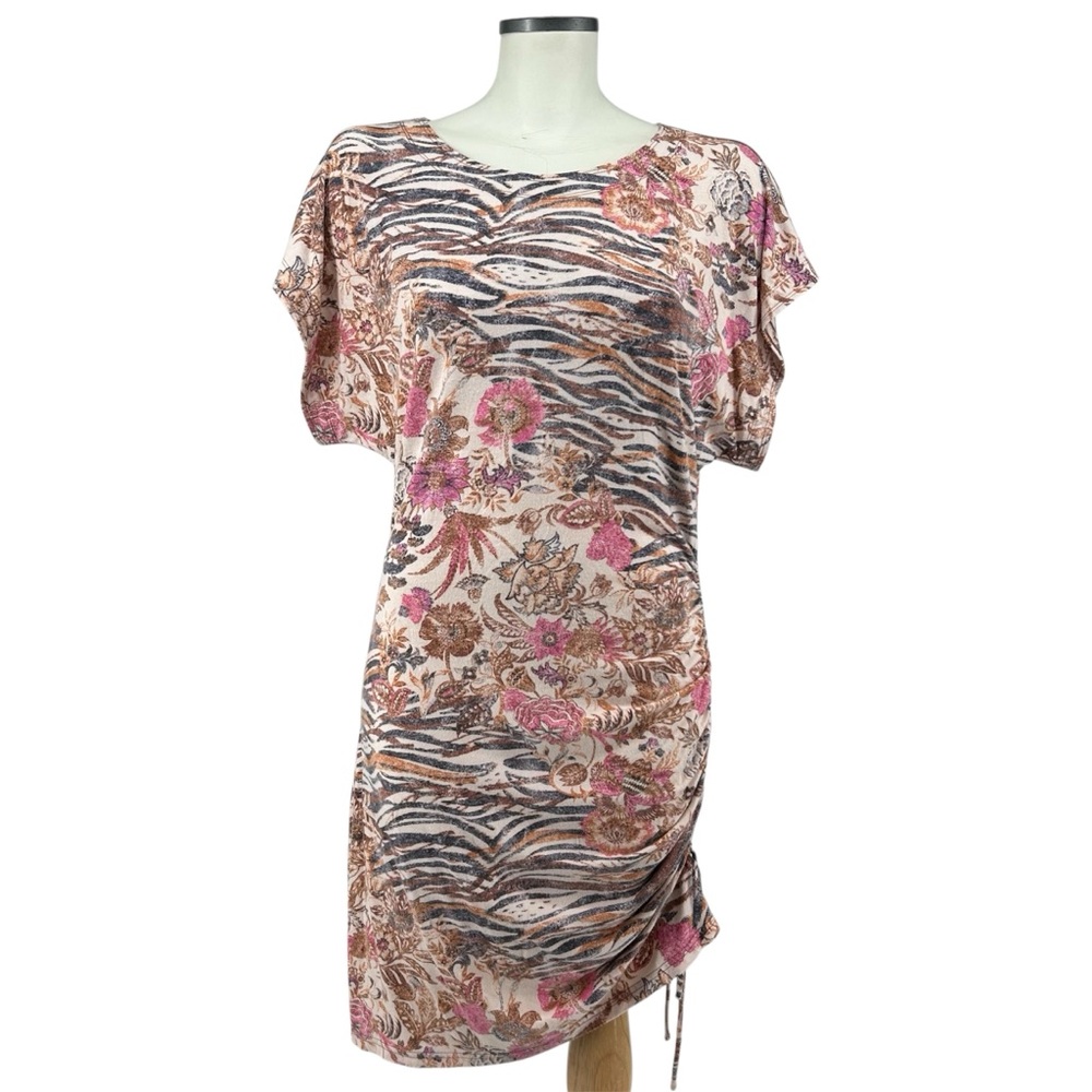NWT Anthropologie Daily Practice Short Ruched Dress in Brown Motif Size Large